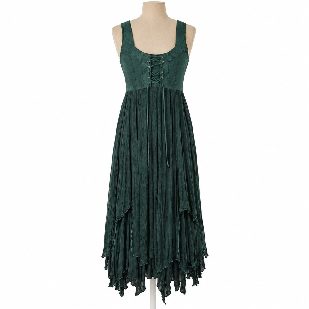 Holy Clothing Ren Faire Lace Up Maxi Dress L Green Handkerchief Hem Boho Corset